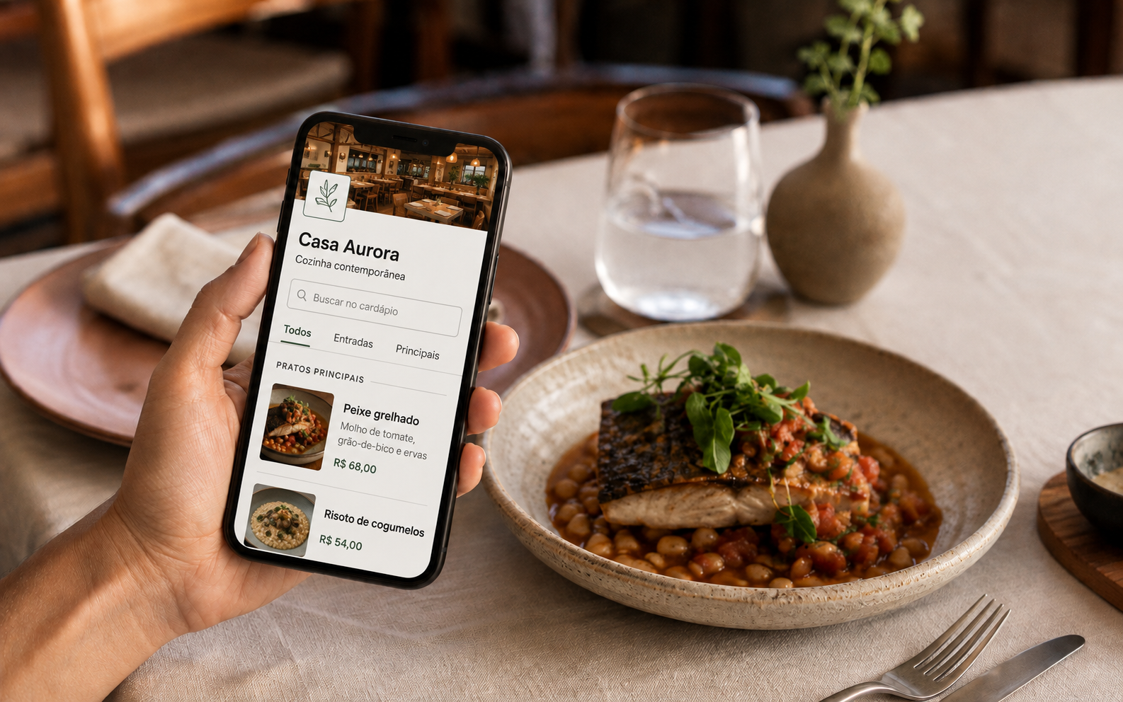 Cliente consulta o cardápio digital no celular à mesa