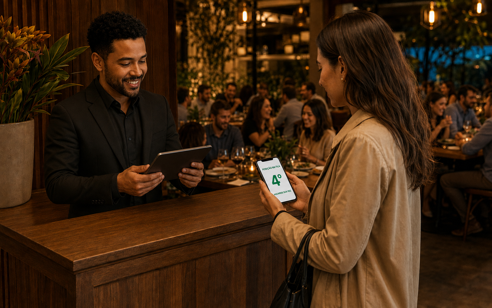 Cliente acompanha a posição na fila pelo celular na recepção do restaurante